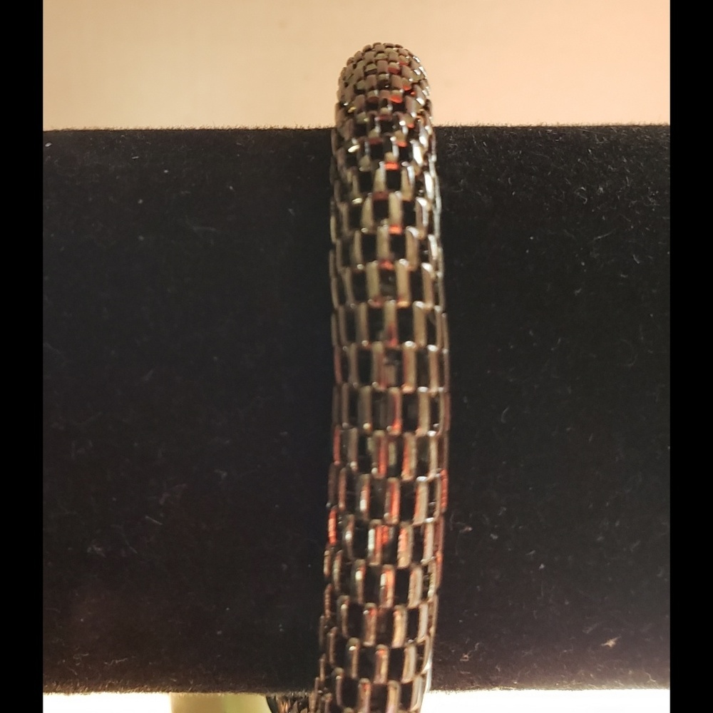 7.5" Gunmetal Cuff Bracelet W/Faux Pearls & Clear Blue Bead Dangles at the Ends